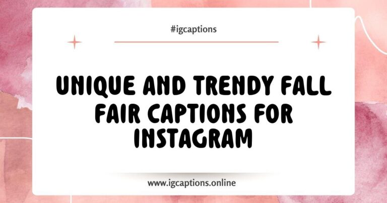 Fall fair scene featuring colorful autumn leaves, pumpkins, and festive decorations, with Instagram captions like 'Autumn vibes and fair delights' and 'Crisp air and carnival fun' to inspire your fall fair posts.