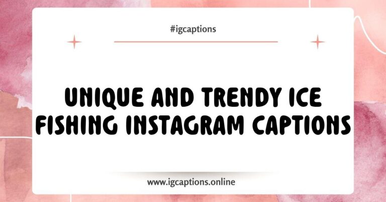 Creative ice fishing Instagram captions featuring phrases like 'Hooked on winter adventures' and 'Chillin' on the ice with friends' alongside a scenic image of a snowy lake and an ice fishing setup, perfect for sharing your frosty fishing experiences on social media.