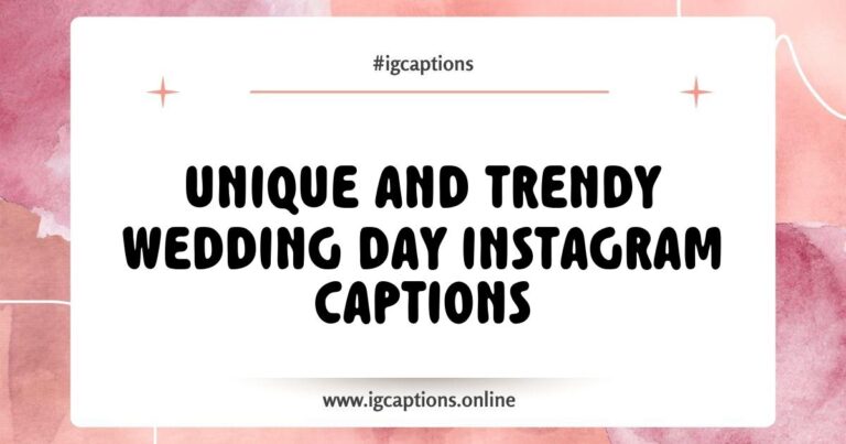 Creative wedding day Instagram captions collage featuring romantic phrases like 'Happily ever after starts today' and 'Love is in the air,' with a backdrop of elegant wedding decor and joyful couples celebrating their special day.